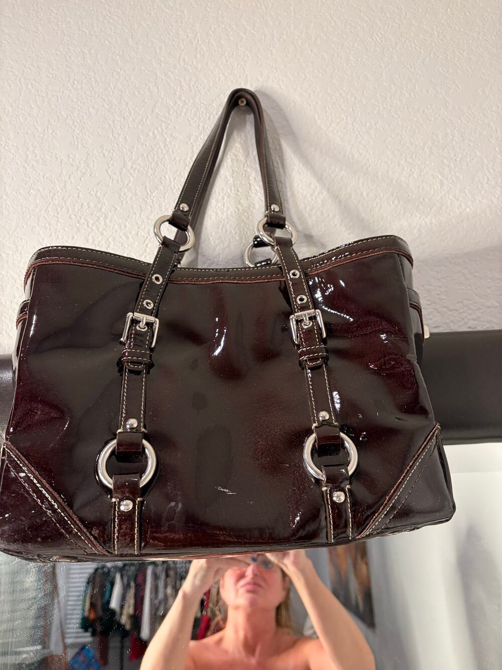 Coach E/W Gallery Tote 12839 Brown Mahogany Patent Leather Pink Lining Y2K Bag